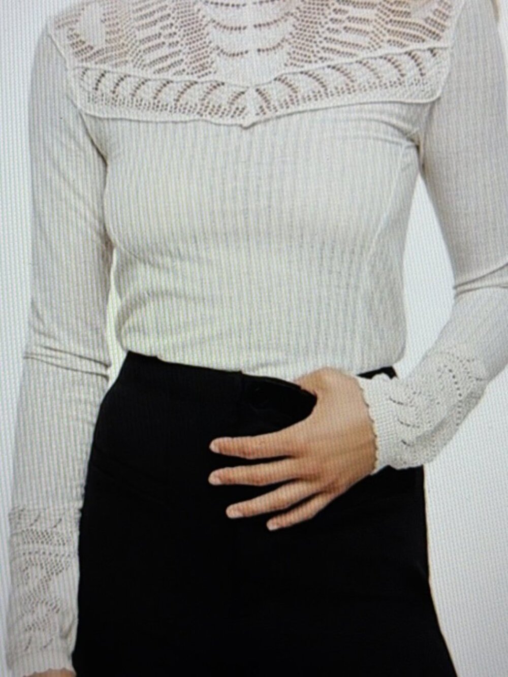 Free People M Black "Colette" Long Sleeve Pointelle Ribbed Crochet Knit Top